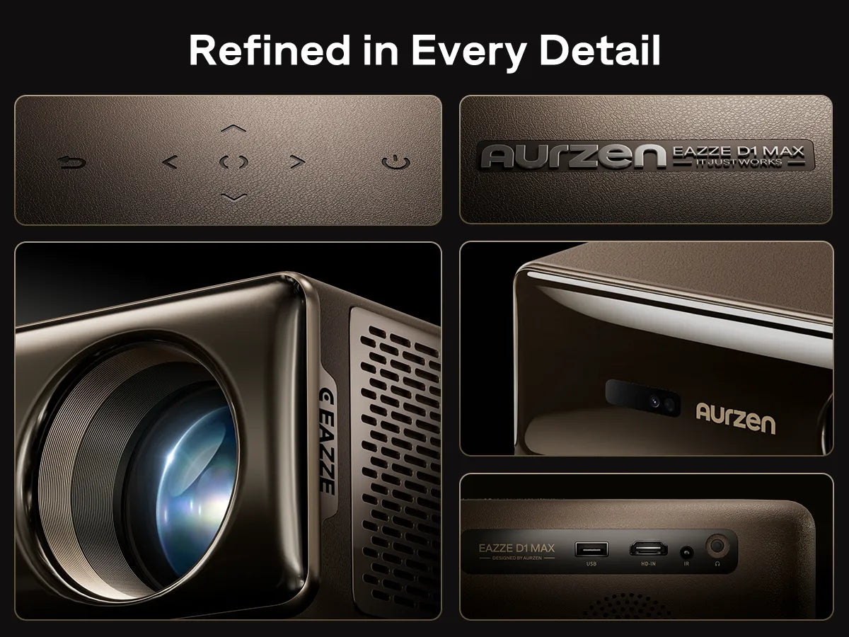 Aurzen EAZZE D1 MAX projector design details showing premium materials, lens, ports and control buttons