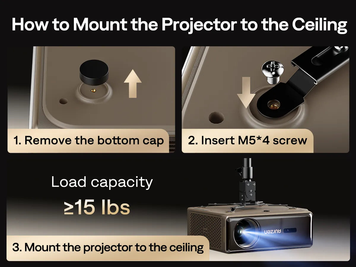 Aurzen EAZZE D1 MAX projector ceiling mount installation using standard M5 screws with strong load capacity