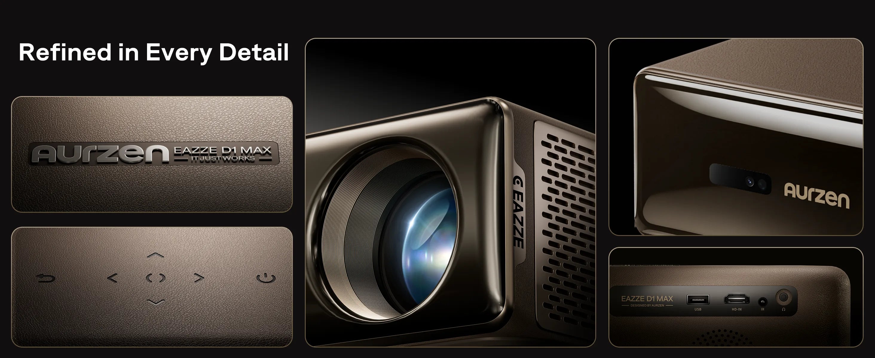 Aurzen EAZZE D1 MAX projector design details showing premium materials, lens, ports and control buttons
