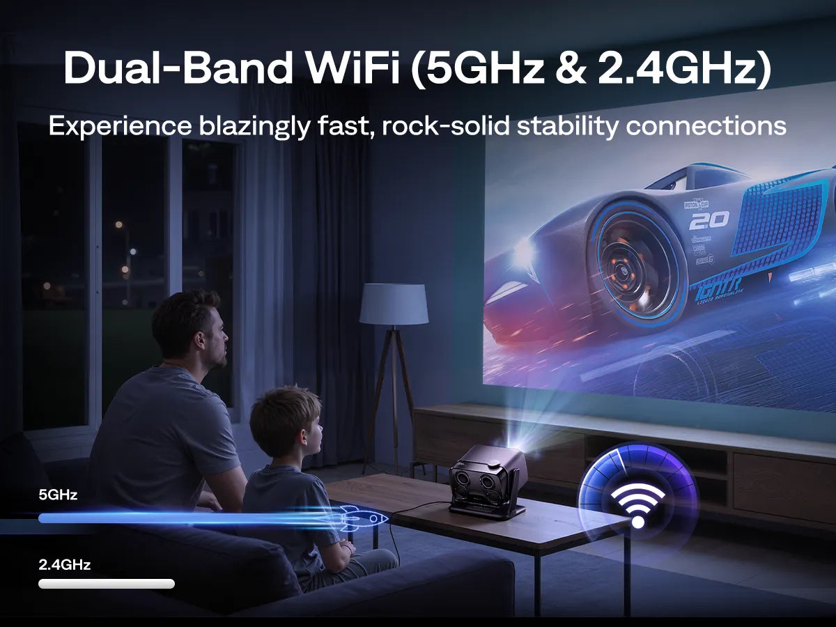 Man and child watching a car race on a screen with dual-band WiFi text above.