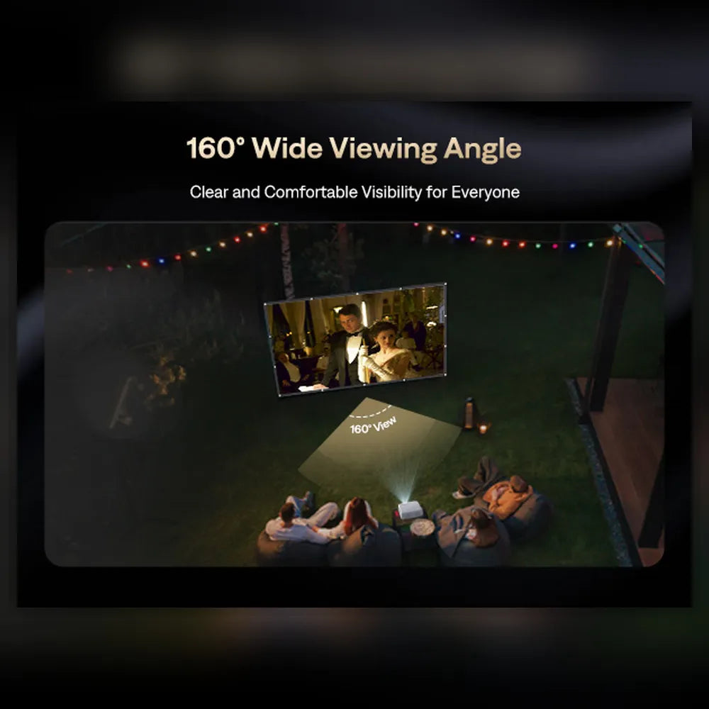Portable projector screen showing a movie scene for wide 160° viewing