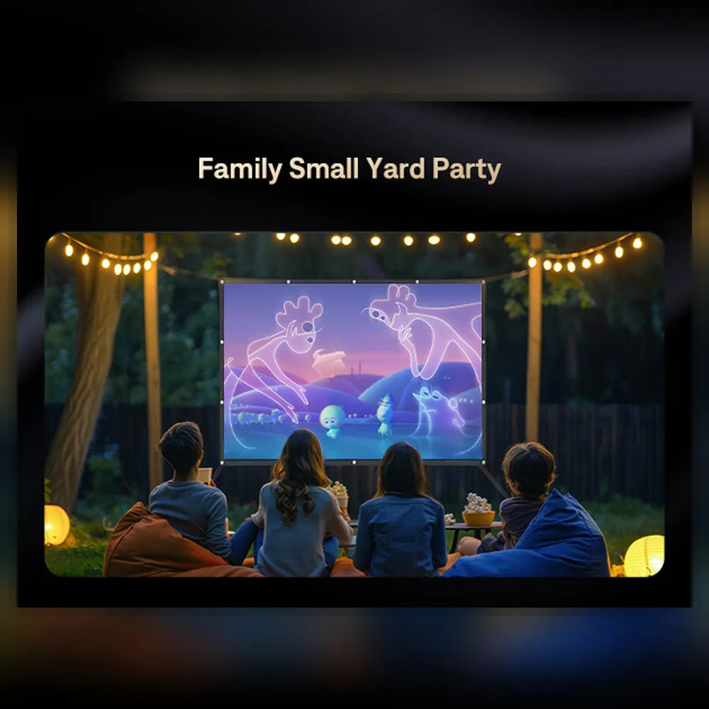 Outdoor projector screen showing colorful animation for a family yard party