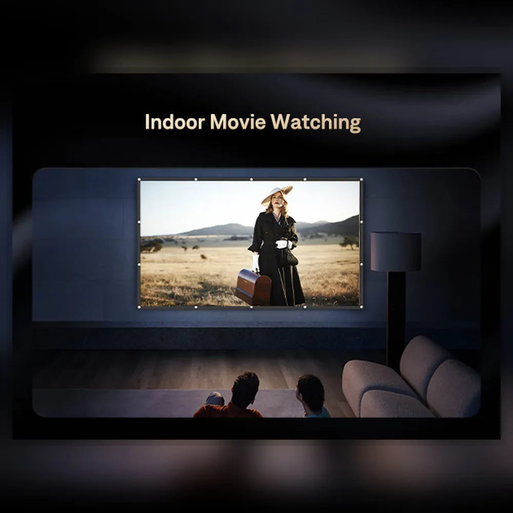 Portable projector screen with wide white display showing outdoor landscape scene