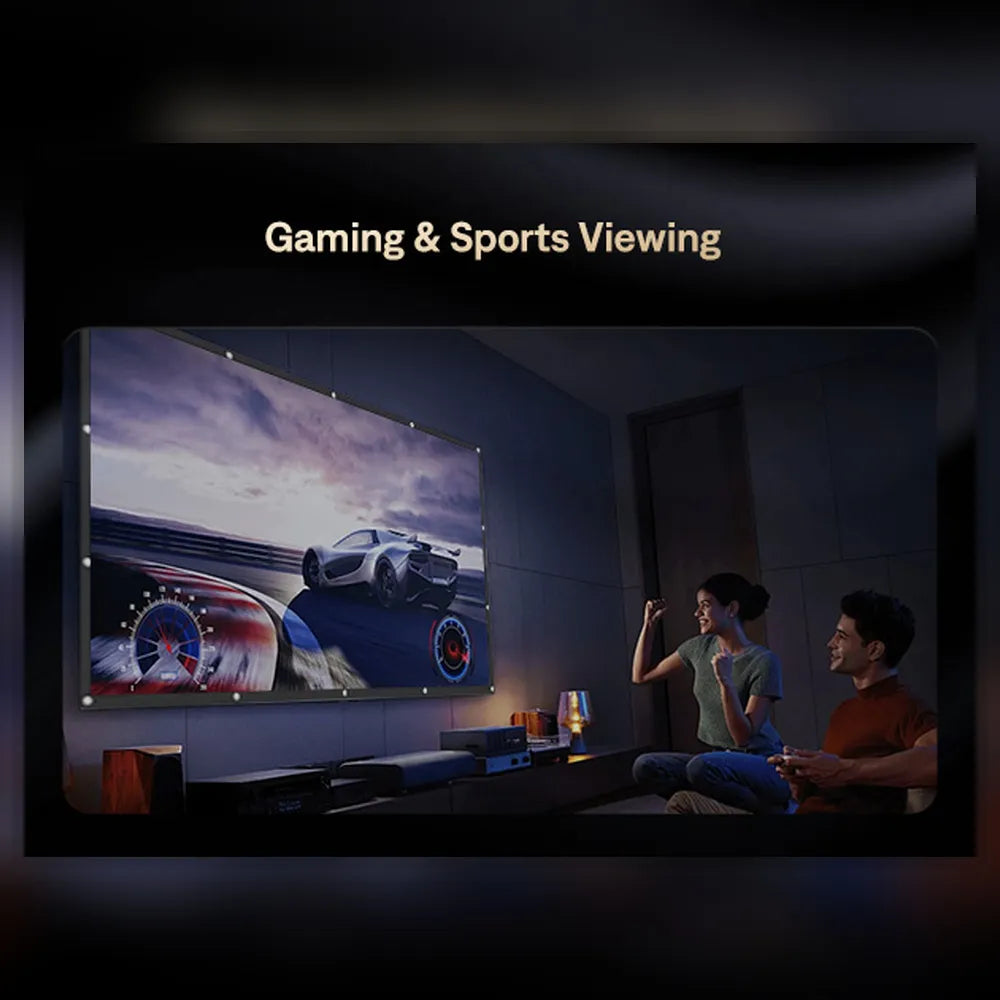 Portable projector screen displaying a sports car game scene