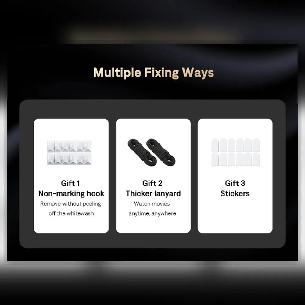 Projector screen mounting accessories set: non-marking hooks, lanyards, and stickers
