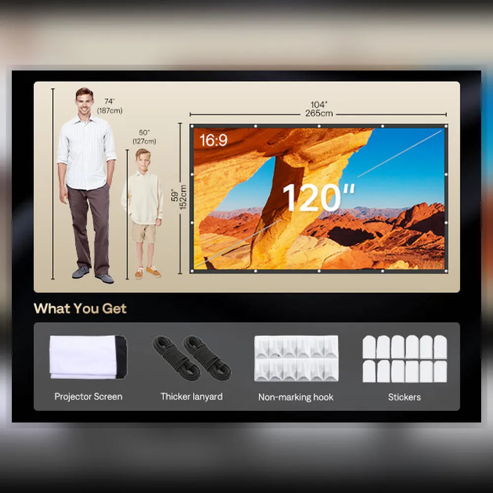 120-inch portable projector screen with height guides and 16:9 preview