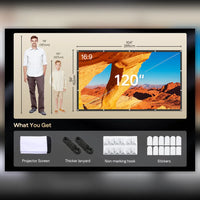 120-inch portable projector screen with height guides and 16:9 preview