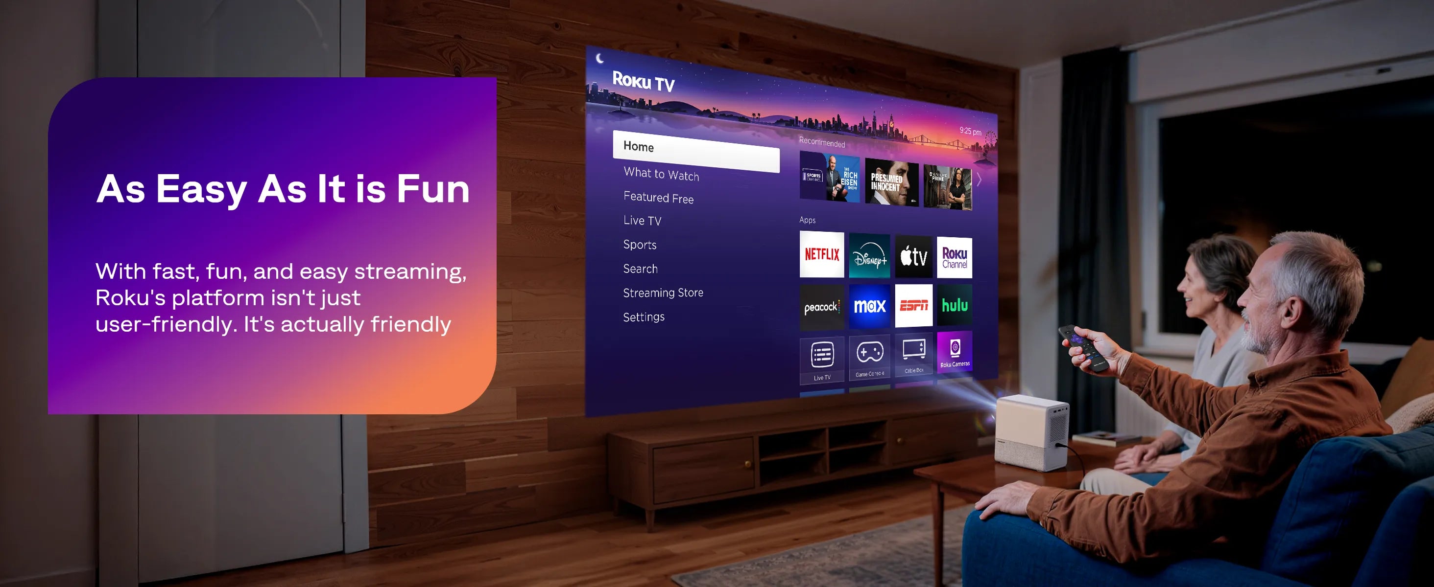 Roku’s interface is beloved for a reason: it’s fast, clean, and familiar. With the EAZZE D1R Cube, you get Roku TV baked into the projector itself—no dongles, no juggling remotes, no compatibility worries. That means your favorite apps are right on the home screen: Netflix, Prime Video, Disney+, Hulu, YouTube, The Roku Channel, Apple TV and more, plus access to free movies, shows, and live TV.