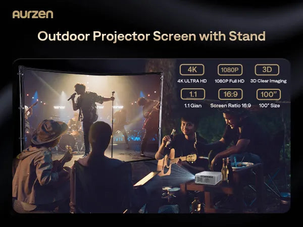 High-quality outdoor projection screen with 16:9 aspect ratio, compatible with 4K and 1080p projectors.