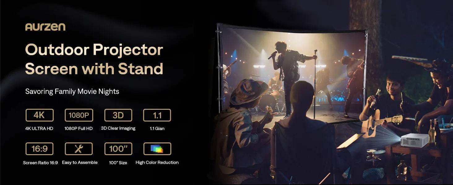 High-quality outdoor projection screen with 16:9 aspect ratio, compatible with 4K and 1080p projectors.