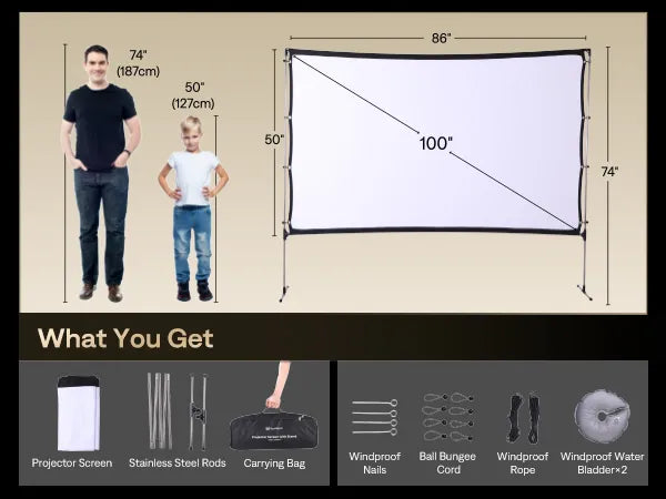 Full package of 100-inch projector screen, including stand, ropes, and ground stakes for stability.
