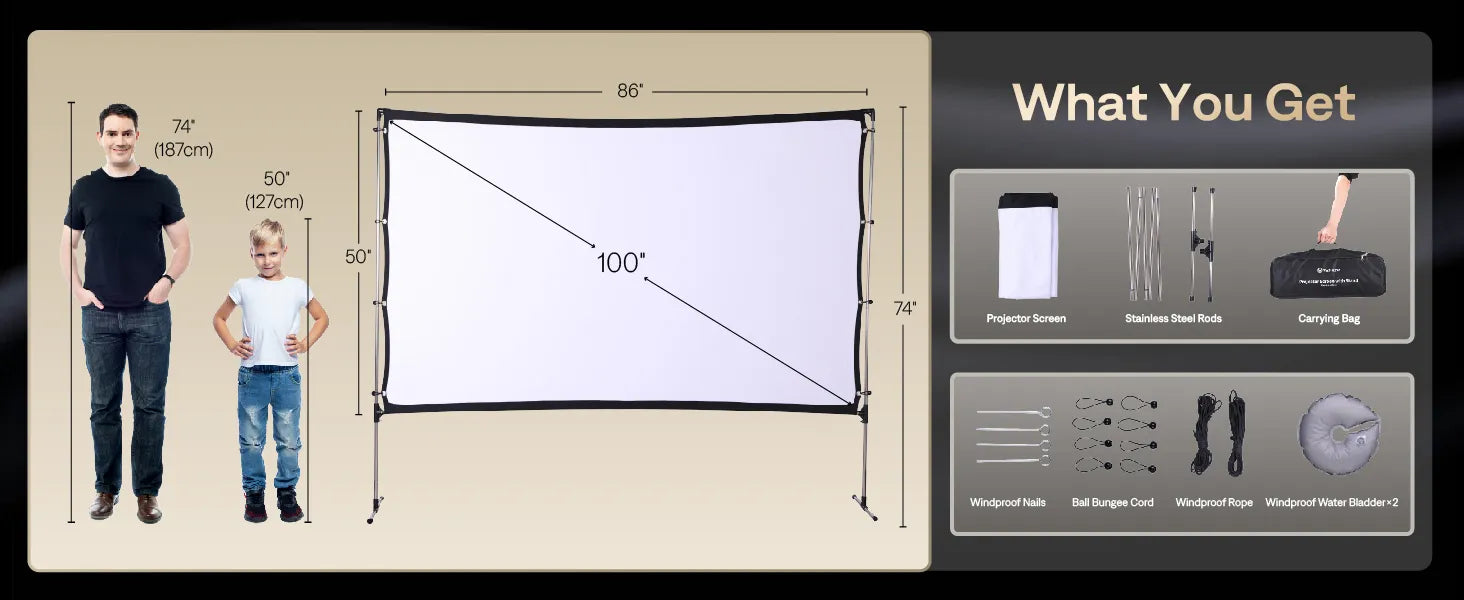 Full package of 100-inch projector screen, including stand, ropes, and ground stakes for stability.