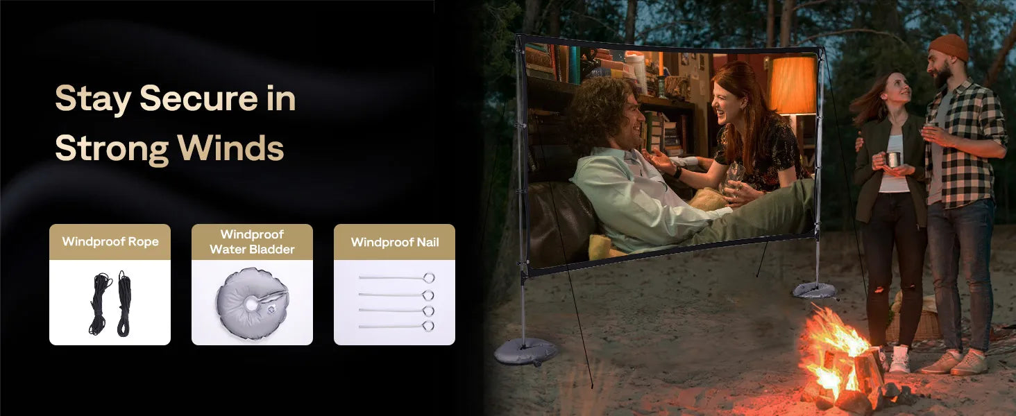 Outdoor projector screen with stand, windproof design, secure setup for backyard movie nights.