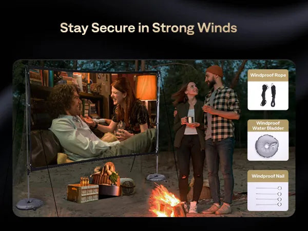 Outdoor projector screen with stand, windproof design, secure setup for backyard movie nights.
