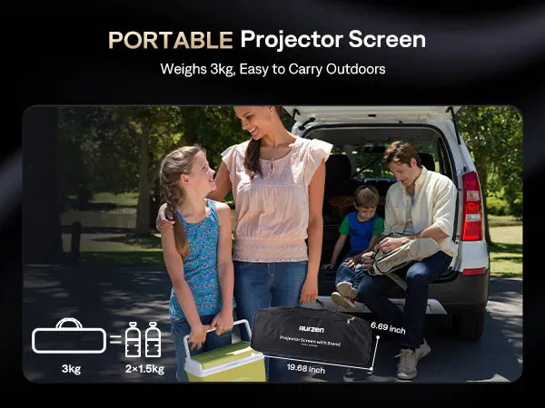 Portable 100-inch projector screen with stand, lightweight (6.61 lbs), easy to carry for outdoor movie nights, camping, and backyard entertainment.