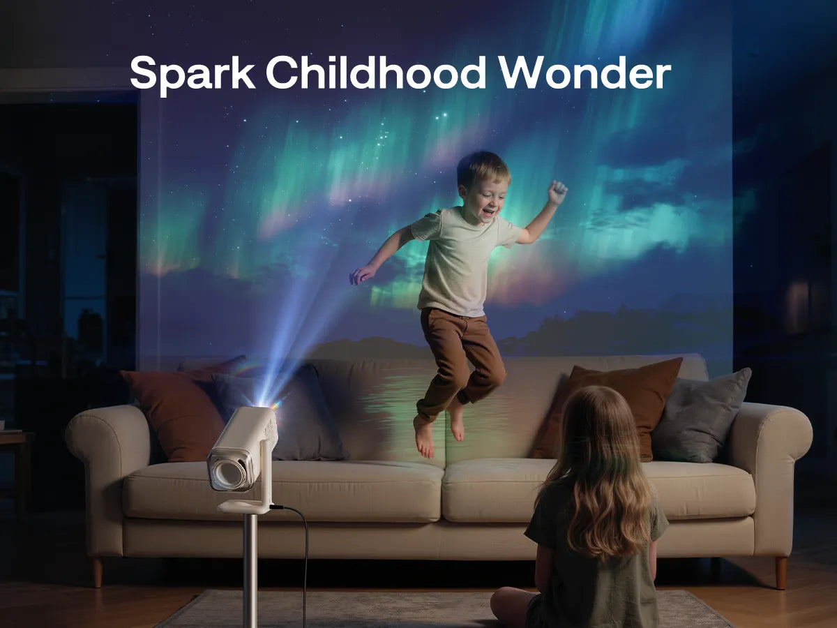 Aurzen BOOM air projector with AuroraBeam Lens projecting aurora effect for children’s wonder