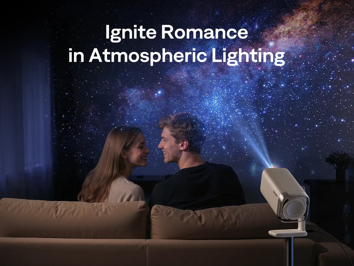 Aurzen AuroraBeam Lens on BOOM air projector creating romantic starry sky projection at home
