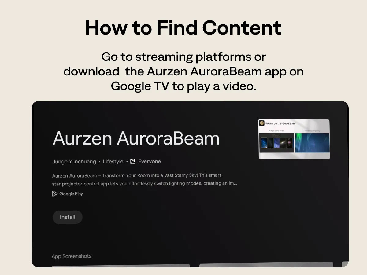 Aurzen AuroraBeam app on Google TV for streaming immersive projection content with BOOM air