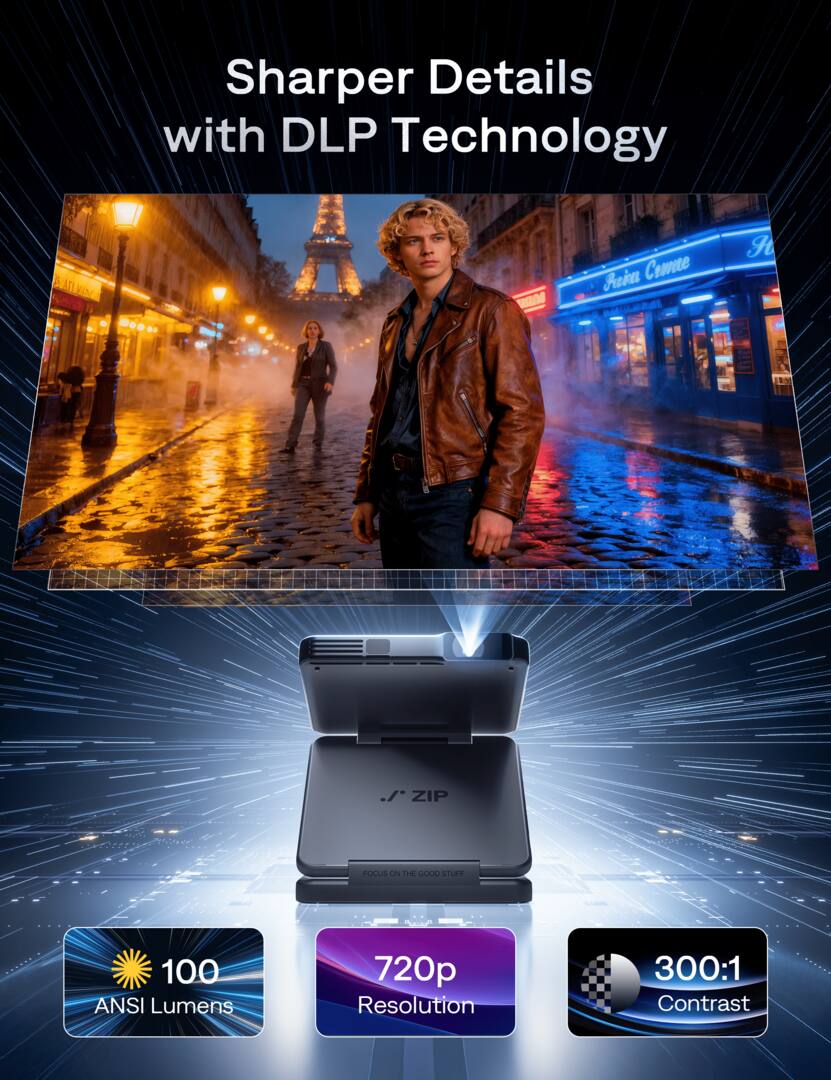 <tc>Aurzen</tc> Proyector plegable en tres partes, enfoque instantáneo, duplicación de pantalla con un solo clic, batería de 5000 mAh, tecnología DLP - Gris