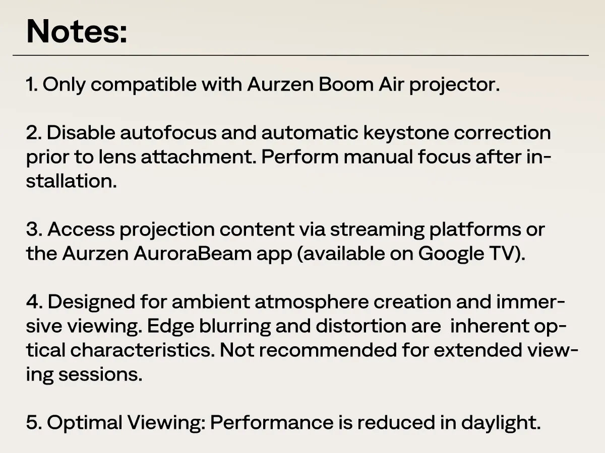 Aurzen AuroraBeam Lens usage notes – compatible only with BOOM air projector, best in low-light