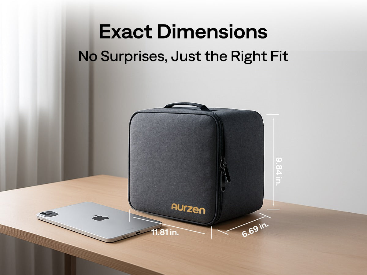 Aurzen projector carrying case with dimensions labeled for easy fitting: 11.81 x 9.84 x 6.69 inches