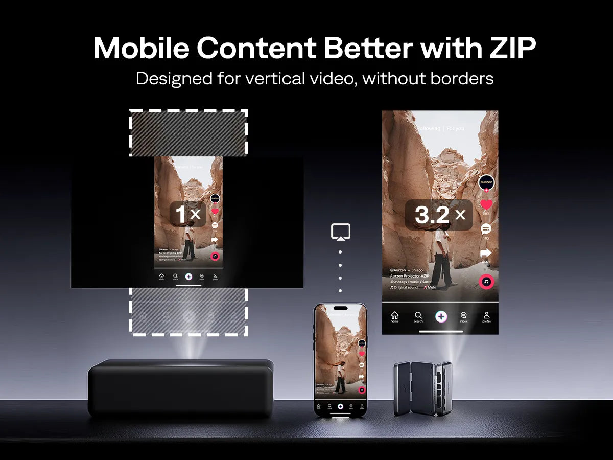 Mobile Content, Better with ZlPZIP mini projector can rotate to fit mobile content, presenting your favorite apps in vertical and full-screen modes. Optimized for short-form videos, ZIP is the first foldable projector to delivera true vertical, borderless, full-screen experience. For enthusiasts of TikTok, Instagram Reels, and similar platforms, ZIP elevates mobile entertainment beyond what a smartphone can offer, giving users a large-screen viewing experience.
