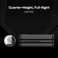 ZIP Cyber Edition projector side view with folded design beside a U.S. quarter coin, highlighting its 1-inch thickness
