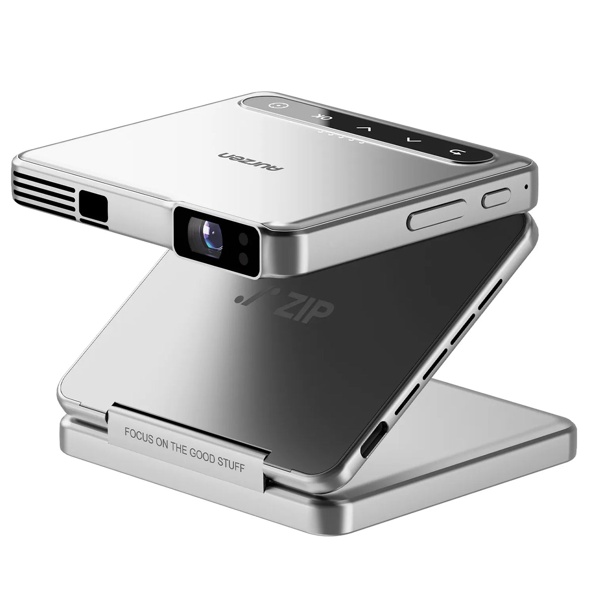 White portable mini projector with fold-out stand and front lens