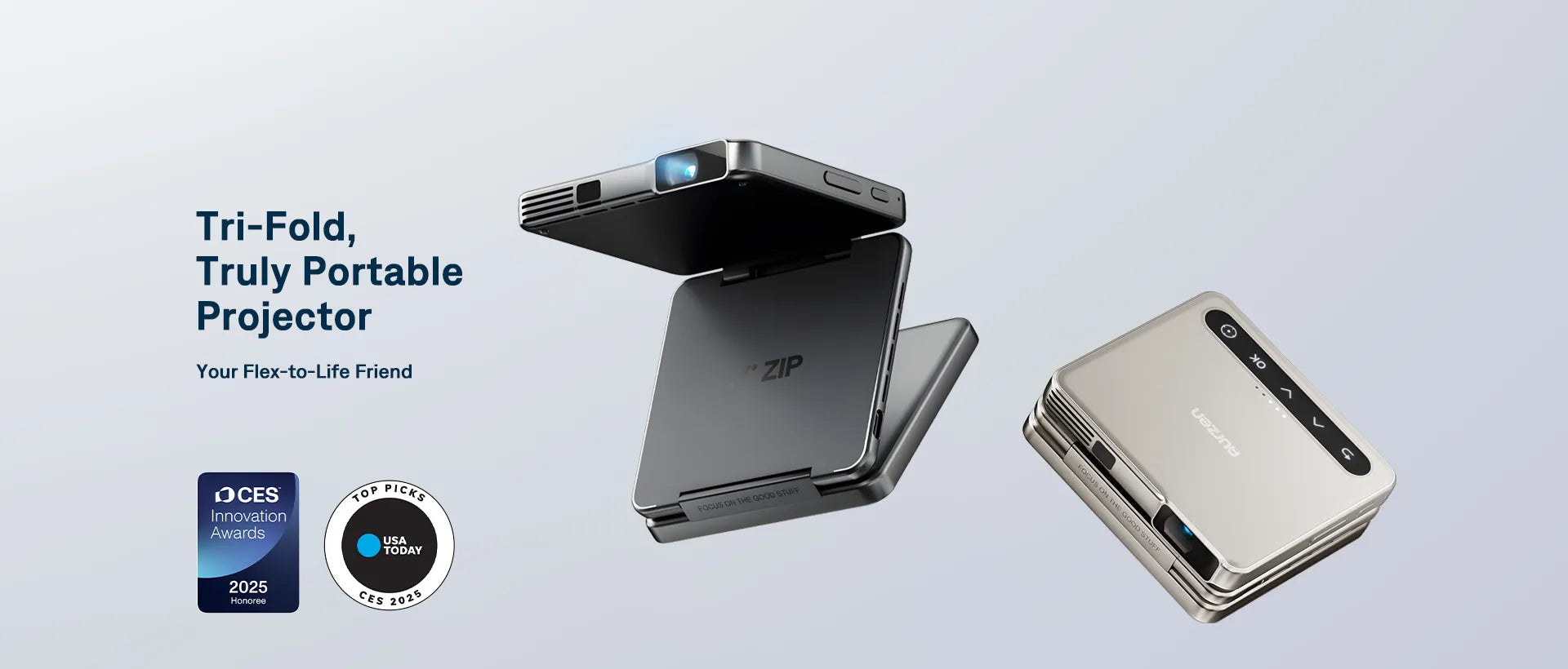 Aurzen ZIP Tri-Fold Portable Projector - Innovative Z-shaped design for ultimate portability and cinema-quality projection.