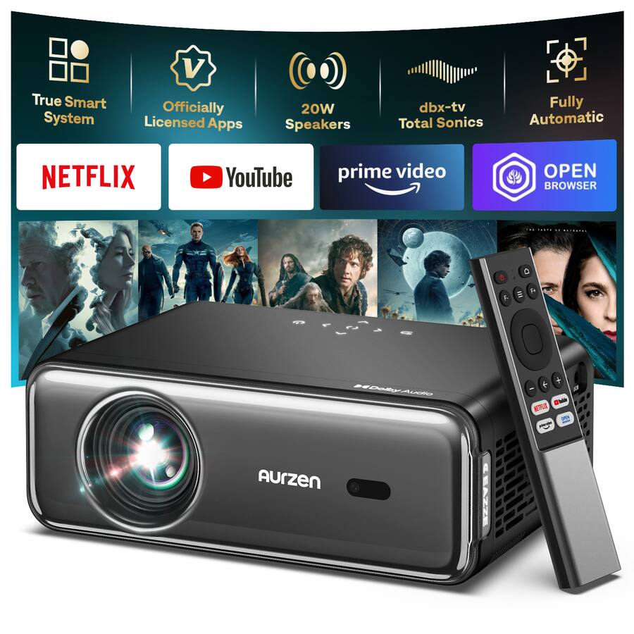<tc>Aurzen</tc> Projetor Smart Native 1080P com Wi-Fi, alto-falantes de 20W, foco automático, correção trapezoidal e áudio Dolby Vision. & dbx-tv Total Sonics - Cinza Escuro