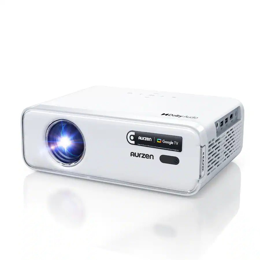 <tc>Aurzen</tc> - Projetor inteligente Google TV, resolução nativa de 1080p com foco automático & Projetor mini Keystone, Dolby Audio, Zoom, para uso doméstico e externo - Branco