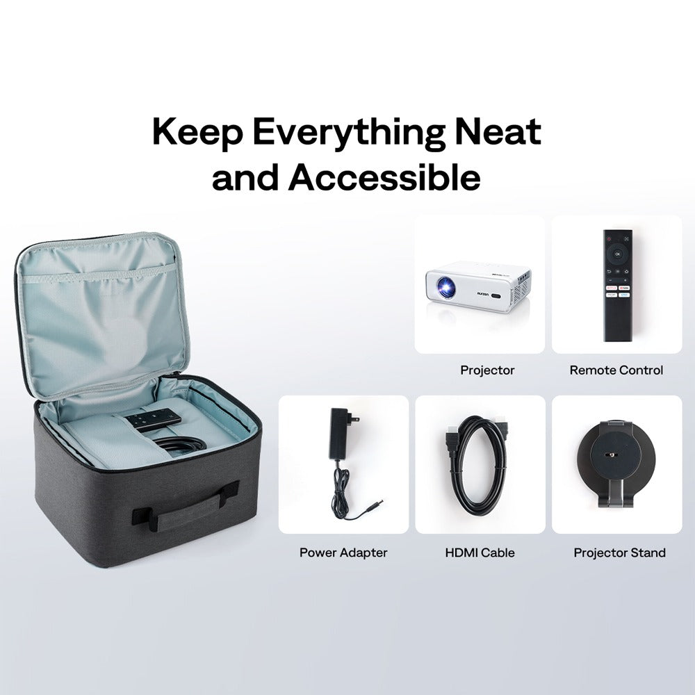 All-in-one storage solution for projector, remote, HDMI cable, adapter, and stand inside Aurzen case