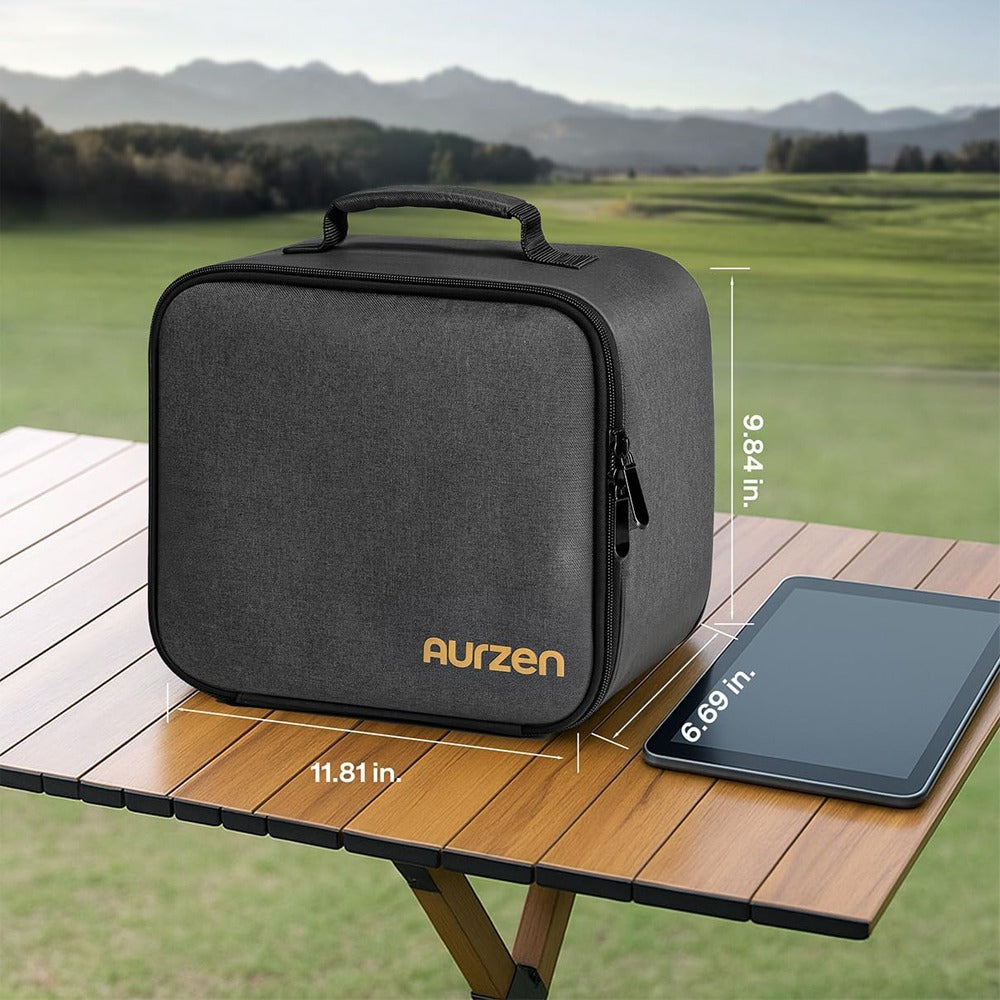 Aurzen projector carrying case with dimensions labeled for easy fitting: 11.81 x 9.84 x 6.69 inches