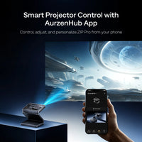 Portable projector controlled via smartphone app, showing projector preview on screen