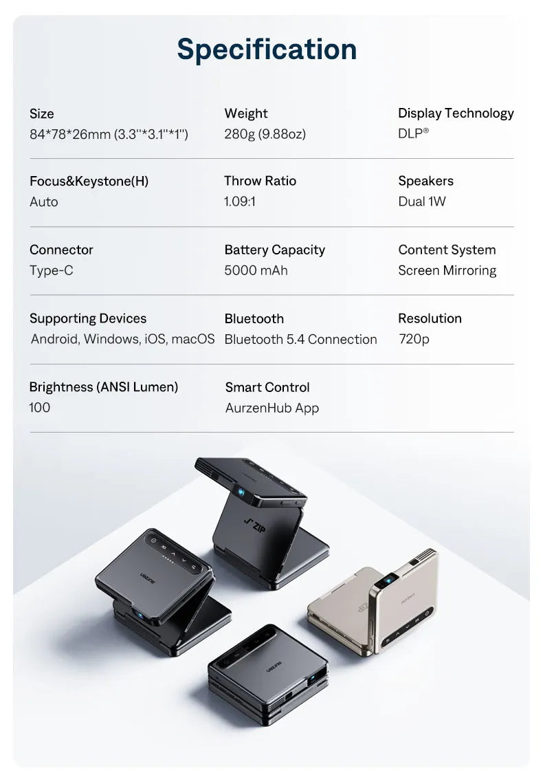 Aurzen ZIP Tri-Fold Projector specifications - Compact size (84x78x26mm), 280g weight, DLP display, 720p resolution, 5000mAh battery, and Bluetooth 5.4 connectivity.