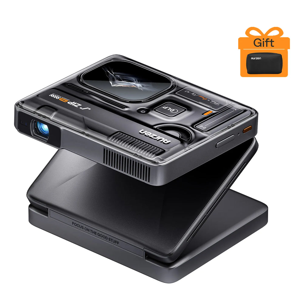 Portable projector in dark finish with front lens and built-in fold-out stand