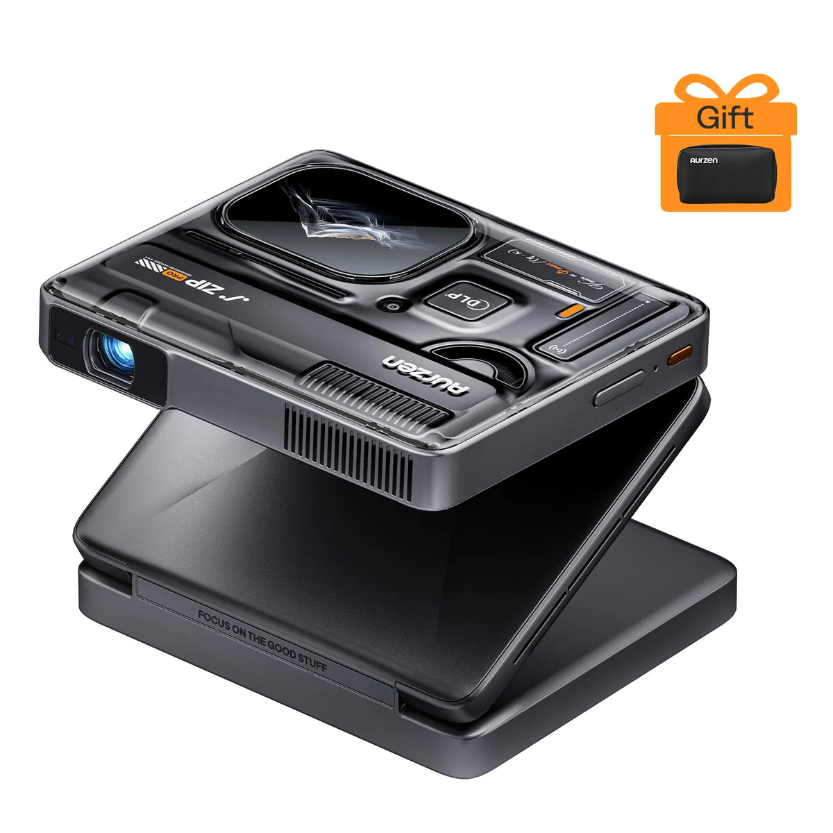 Portable projector in dark finish with front lens and built-in fold-out stand