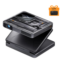 Portable projector in dark finish with front lens and built-in fold-out stand
