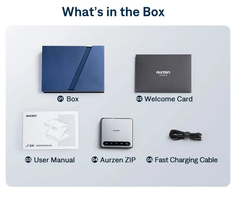 Aurzen ZIP unboxing - Includes Aurzen ZIP projector, fast charging cable, and welcome card. Everything you need for instant portable cinema.