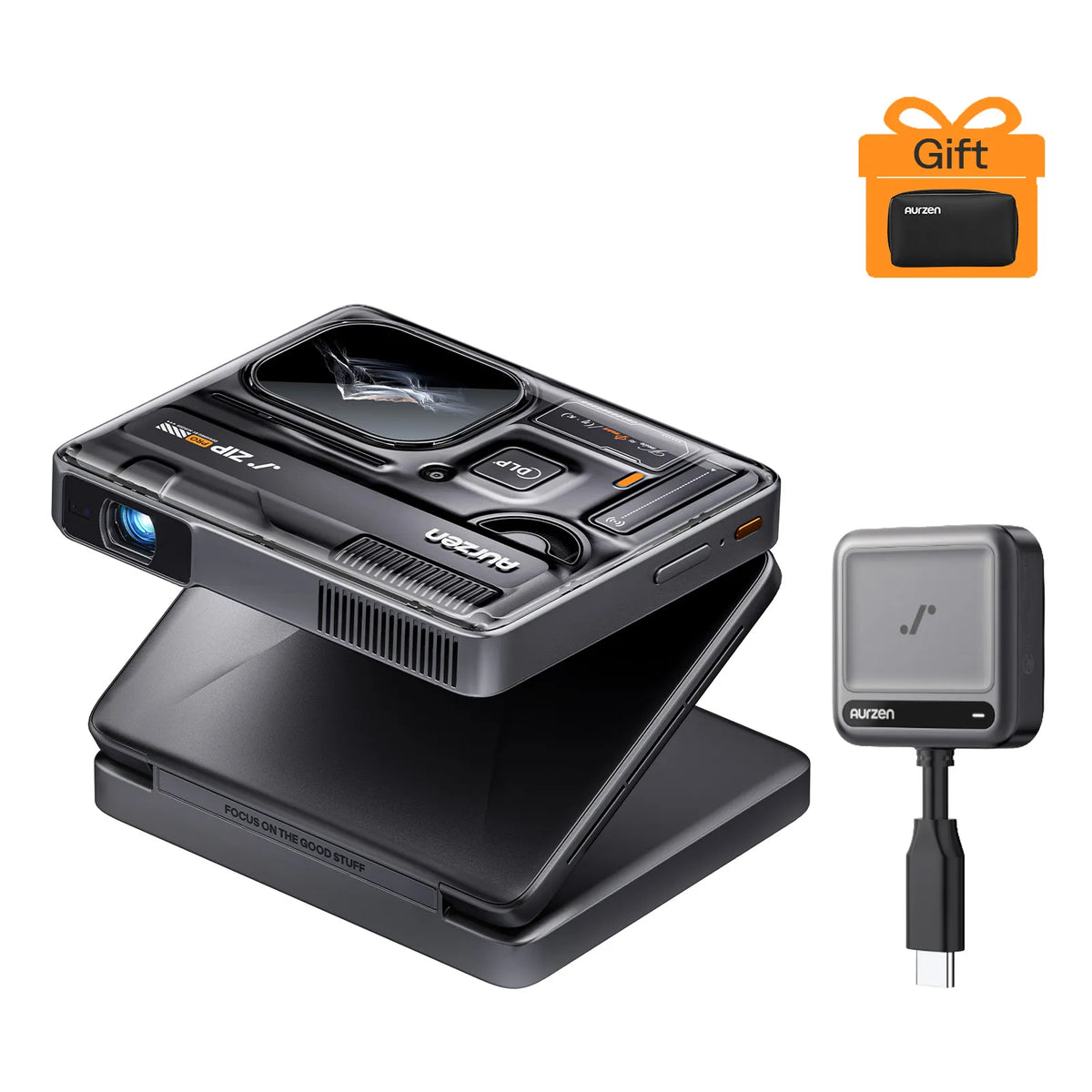Portable projector with dark control panel; includes small black accessory and cable