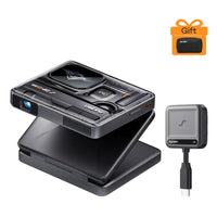 Portable projector with dark control panel; includes small black accessory and cable