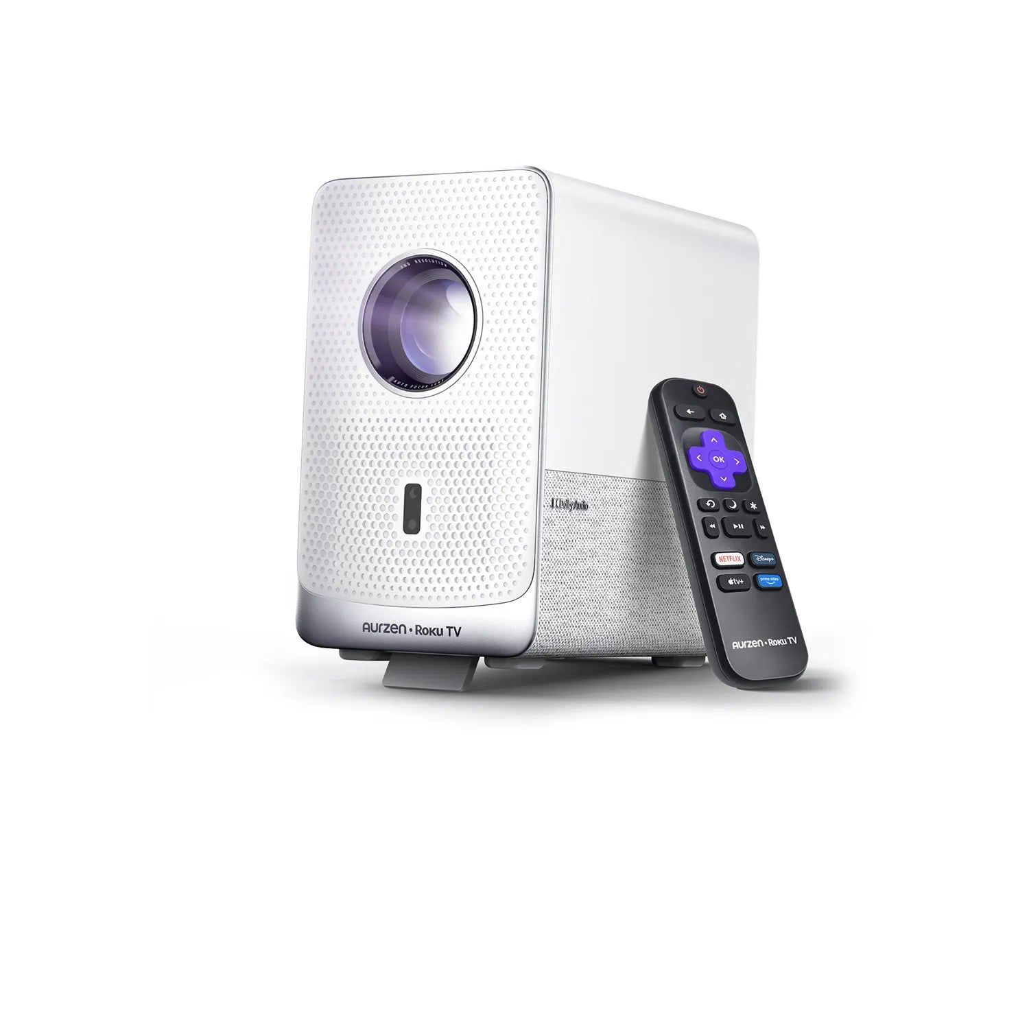 Aurzen EAZZE D1R Cube Roku TV Smart Projector with remote control – compact white cube design