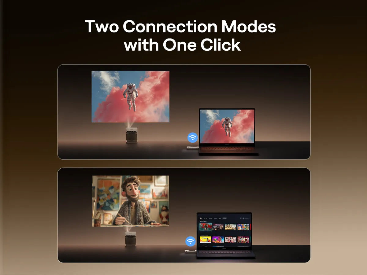 Wireless HDMI dongle with one-click switch between mirror mode and streaming mode