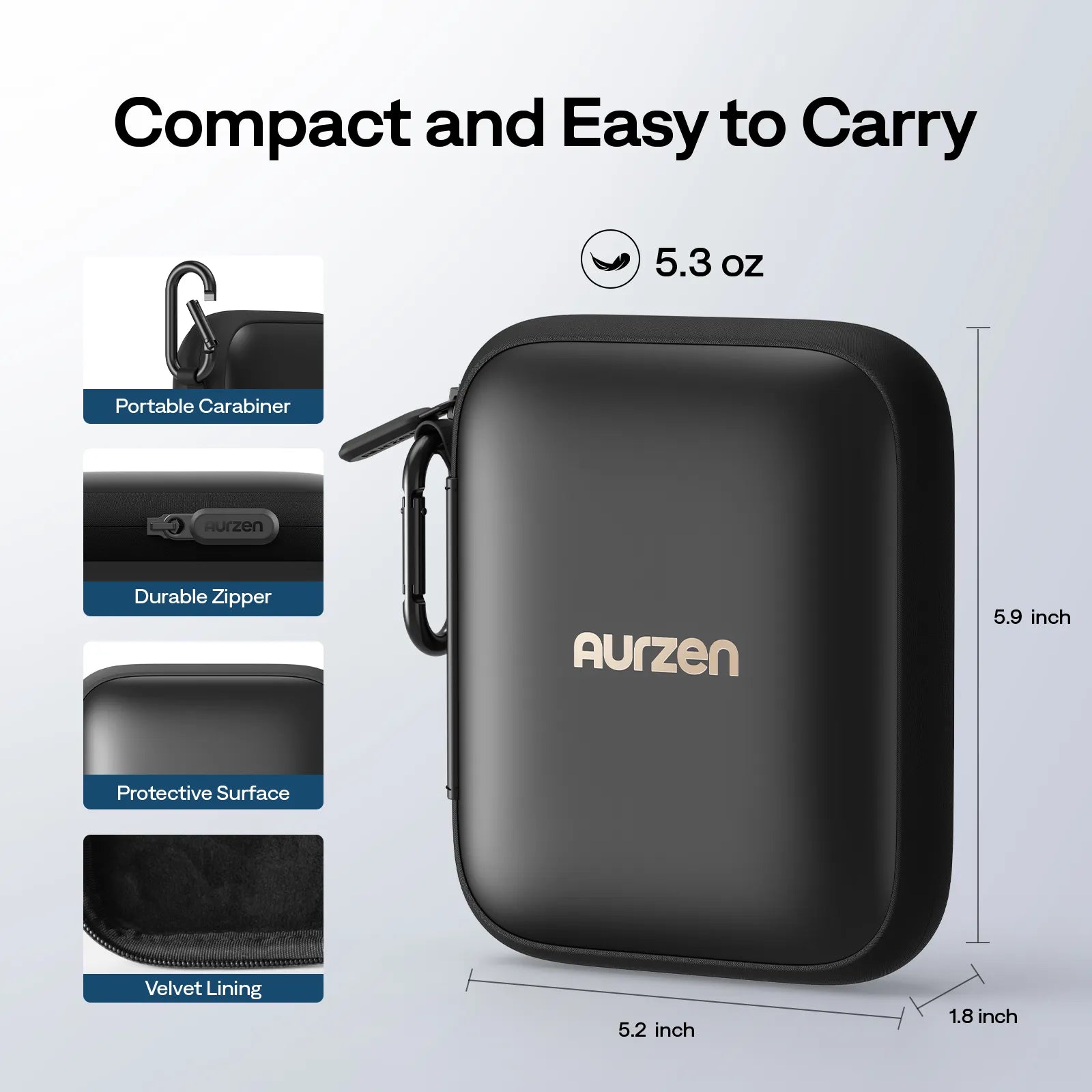 Aurzen CasePlay compact carrying case – lightweight, velvet lining, protective shell, and carabiner clip