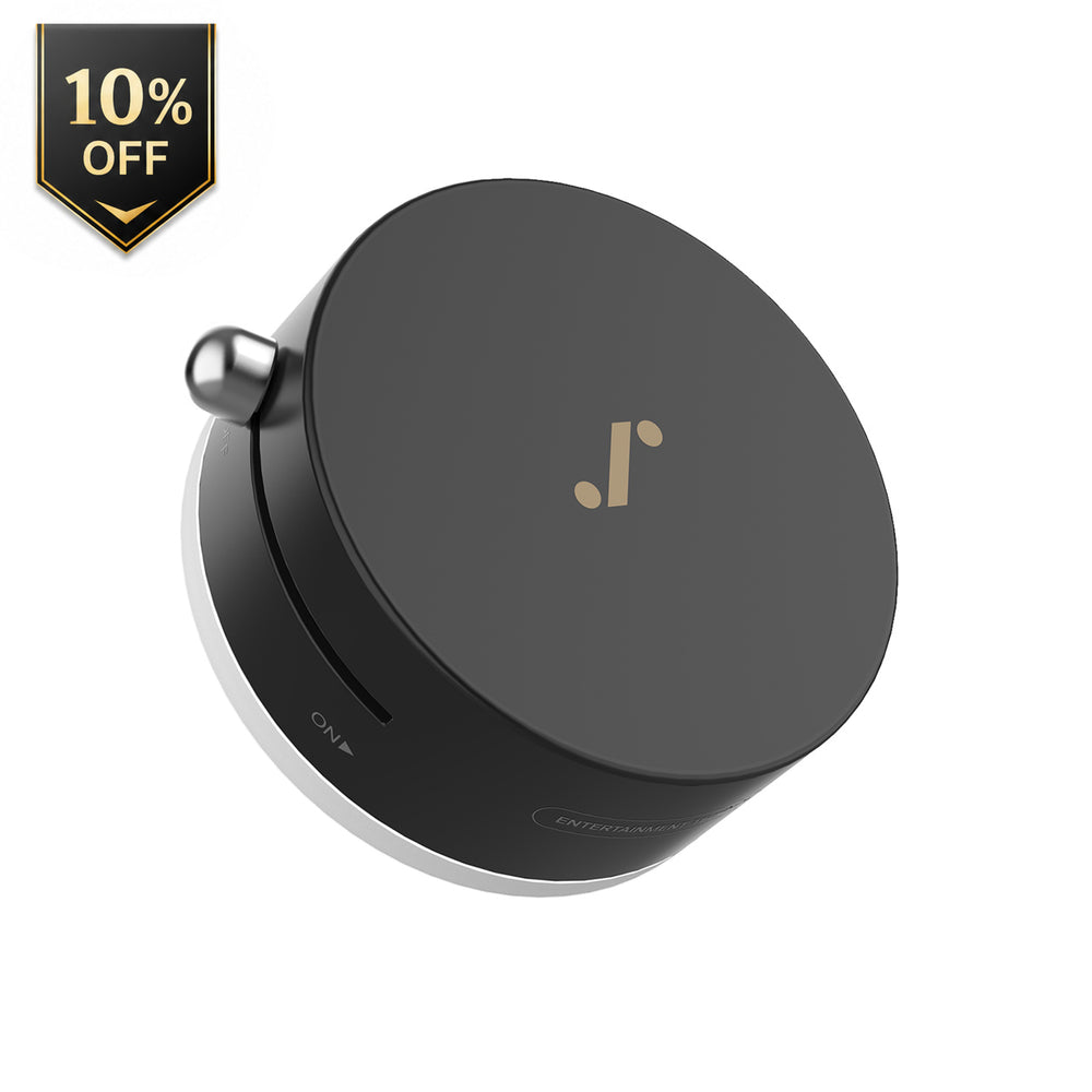 Dual-sided magnetic projector mount, round black puck with mounting arm