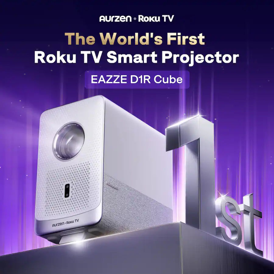 <tc>Aurzen</tc> - Projetor inteligente com Roku TV integrado, experiência de streaming Roku, 1080p FHD, motor óptico selado, Dolby Audio - Branco