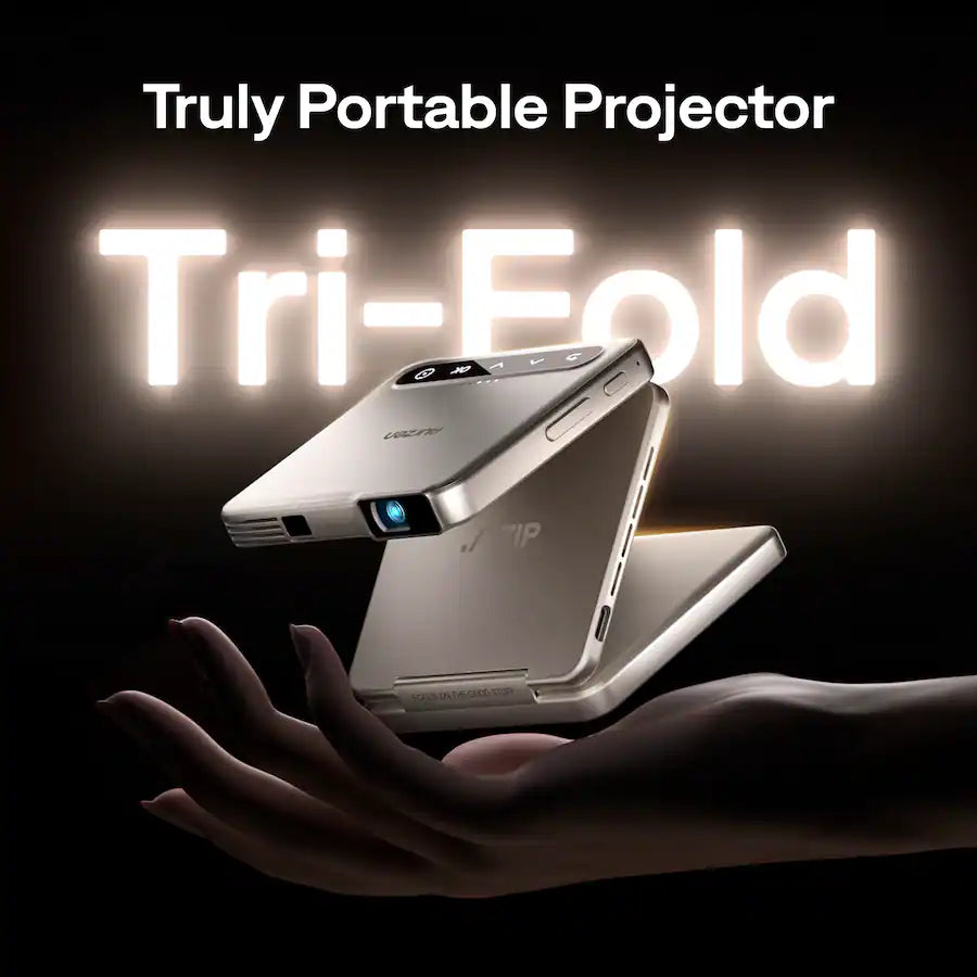 <tc>Aurzen</tc> Mini projetor triplo, tecnologia DLP, foco sem atraso, espelhamento de tela com um clique, carregamento rápido, bateria de 5000 mAh - Dourado
