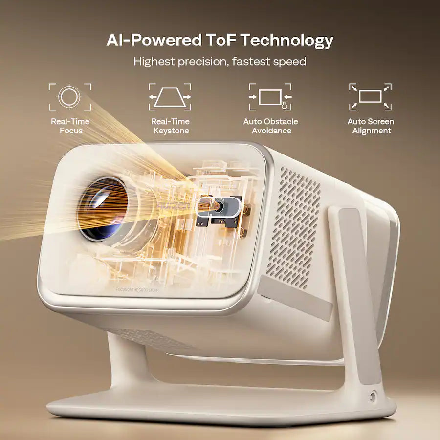 <tc>Aurzen</tc> - Projetor inteligente, alto-falantes visíveis de 20 W com Dolby Vision, Google TV integrado, foco automático TOF, 500 ANSI lumens - Branco-creme