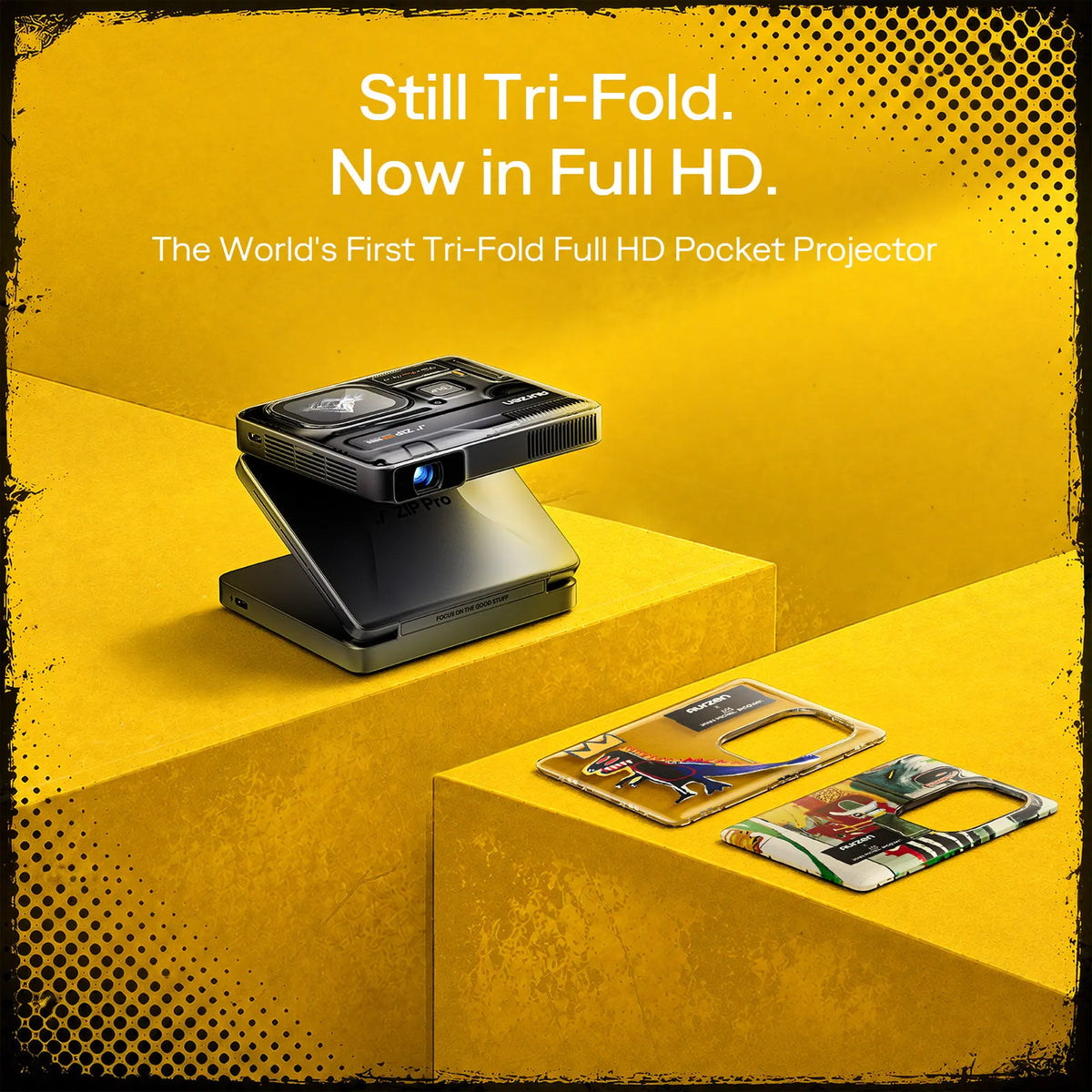 Tri-fold portable Full HD projector with accessories in special edition packaging