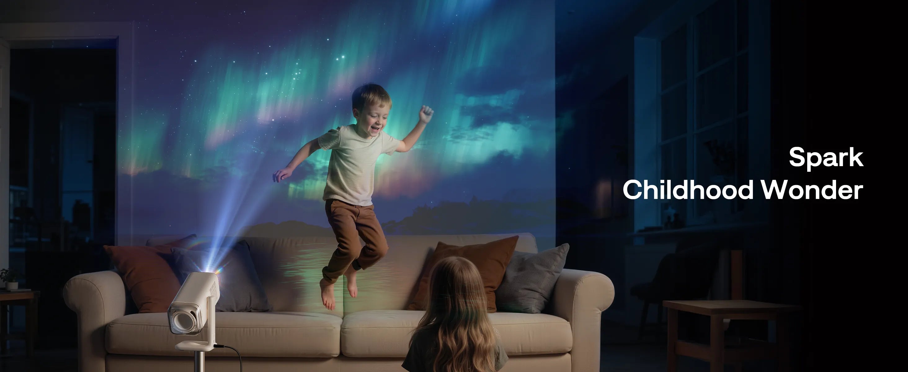 Aurzen BOOM air projector with AuroraBeam Lens projecting aurora effect for children’s wonder